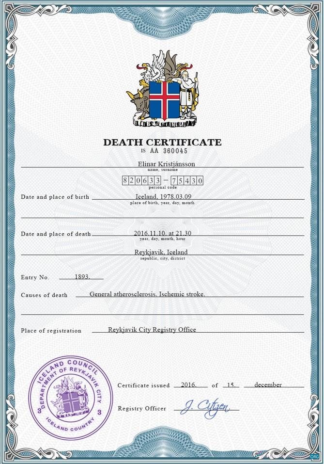 Download Iceland vital record death certificate PSD template Photoshop template